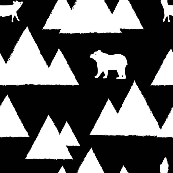 Белые медведи и лисы с треугольными абстрактными горами. Симпатичный безшипный узор для открыток, праздничной оберточной бумаги, текстиля, обоев. Векторный фон
 - Вектор,изображение