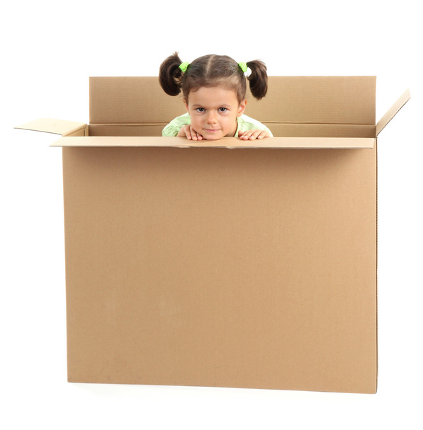 beautiful little girl with box isolated on white - Foto, afbeelding