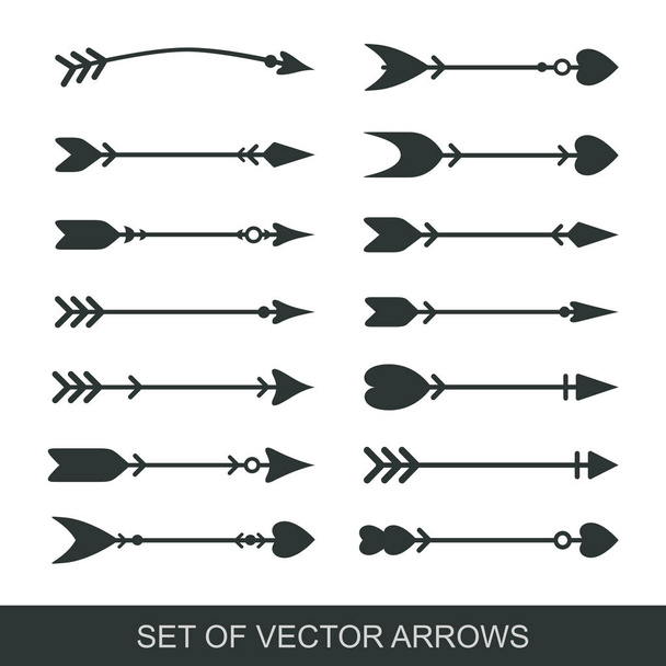 Set of black hand drawn arrows for bow. Hipster ethnic vector elements. arrow cupid with a heart. Illustrations for Web Design - Vector, afbeelding