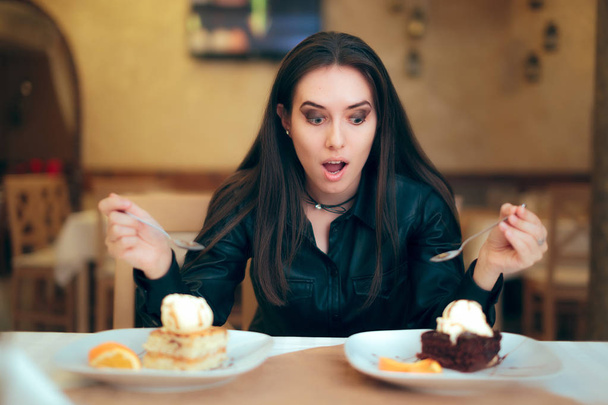Girl Trying to Decide Between Vanilla and Chocolate Cake Dessert - Foto, immagini