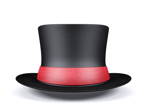 Zwarte korte hoge hoed met rood lint geïsoleerd op een witte achtergrond, 3D-rendering - Foto, afbeelding