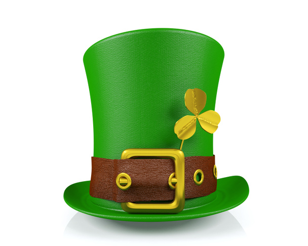 St. Patrick je den skřítek klobouk s jetelem, izolovaná, 3d vykreslování - Fotografie, Obrázek