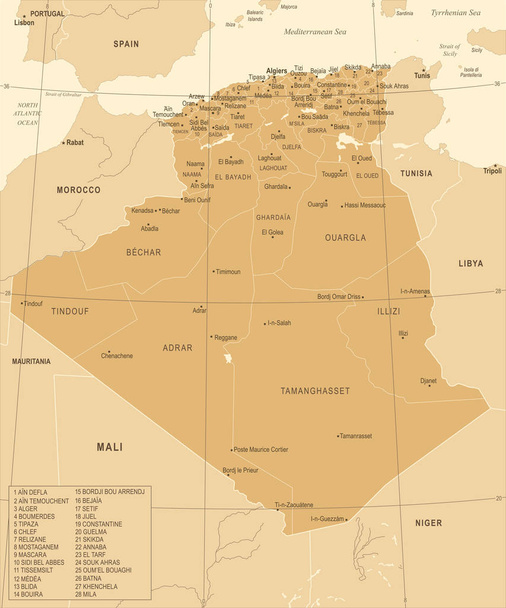Mapa da Argélia - Ilustração vetorial detalhada vintage
 - Vetor, Imagem