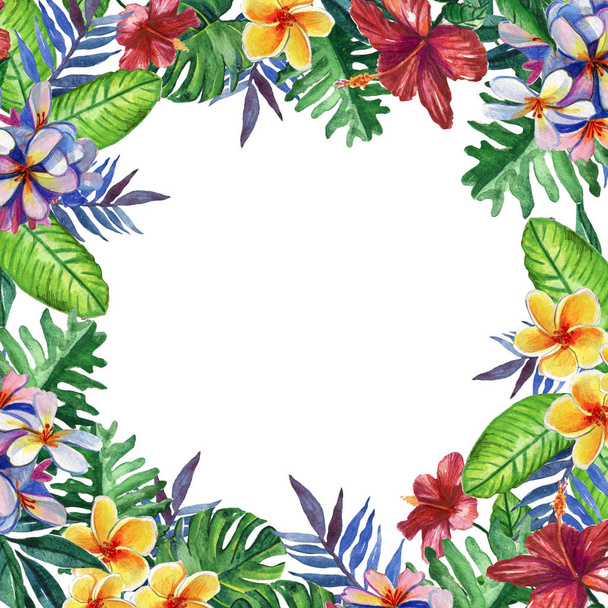 Hand drawn tropical watercolor round frame with bright hibiscus flowers and exotic palm, banana leaves on white background. Space for your text. - Фото, изображение