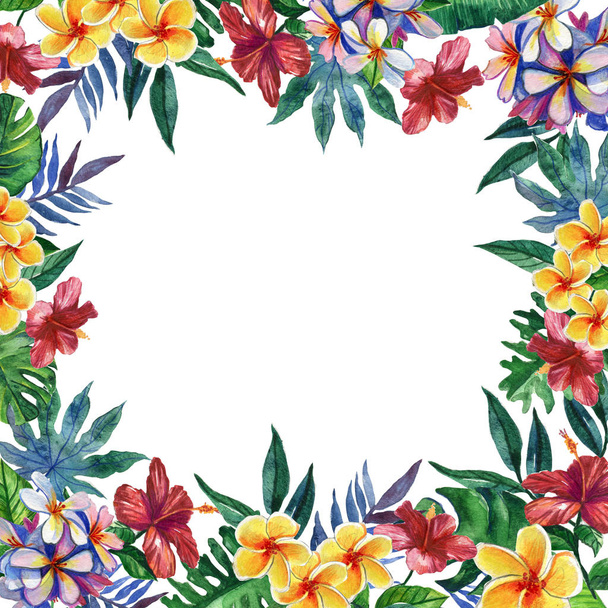 手描き下ろし熱帯水彩画ラウンド フレーム鮮やかなハイビスカスの花とエキゾチックなヤシ、バナナの白い背景の葉します。あなたのテキストのためのスペース。正方形フォーマット. - 写真・画像