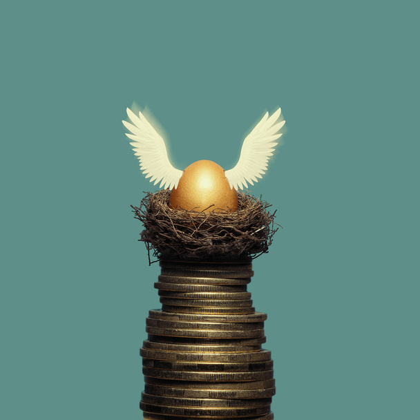 Un uovo d'oro in un nido su un mucchio di monete. La metafora dell'accumulo di denaro e degli investimenti di successo
. - Foto, immagini