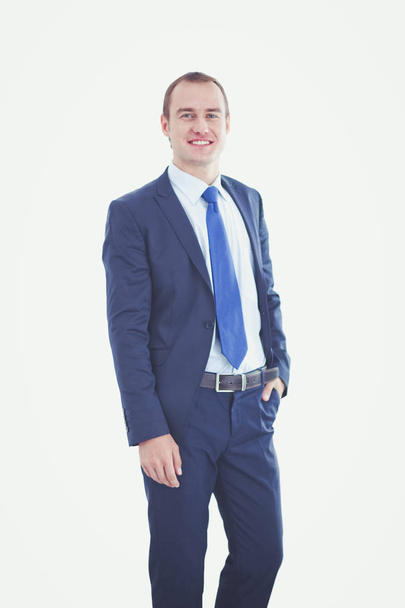 Happy businessman standing isolated on white background. - Fotografie, Obrázek