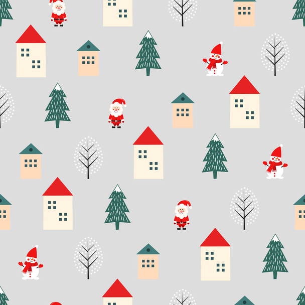 Joulupukki, Joulupukki, talot ja lumiukko söpö saumaton kuvio harmaalla taustalla
. - Vektori, kuva