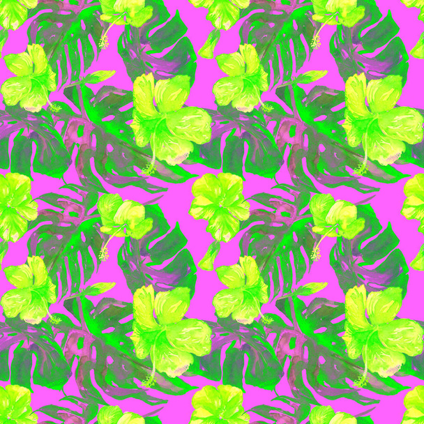  Watercolor Seamless Pattern. Hand Painted Illustration of Tropical Leaves and Flowers.Tropic Summer Motif with Hawaiian Flowers  - Foto, imagen
