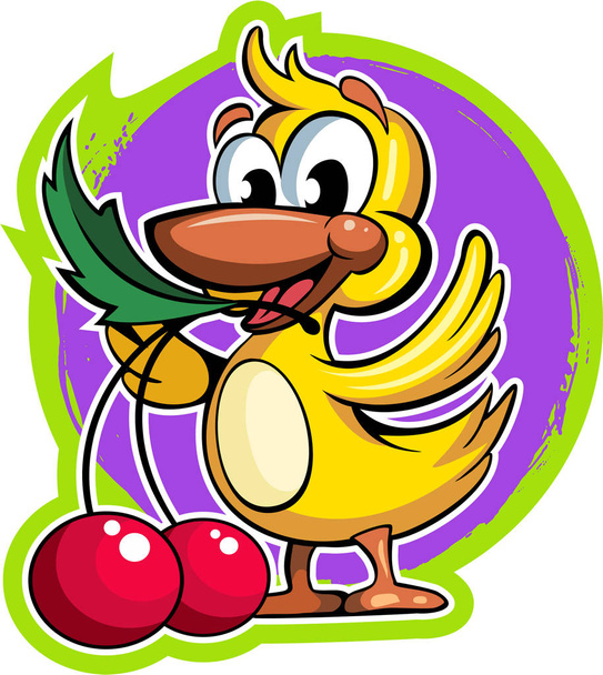 Cartoon style yellow duckling with the two cherries - Vektori, kuva