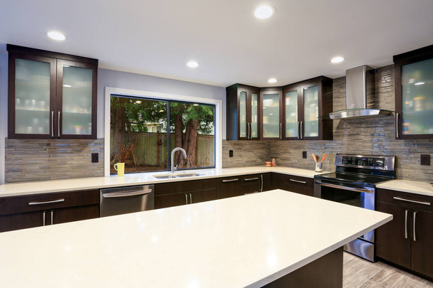 Bijgewerkte hedendaagse keuken kamer interieur in wit en donkere tinten.  - Foto, afbeelding