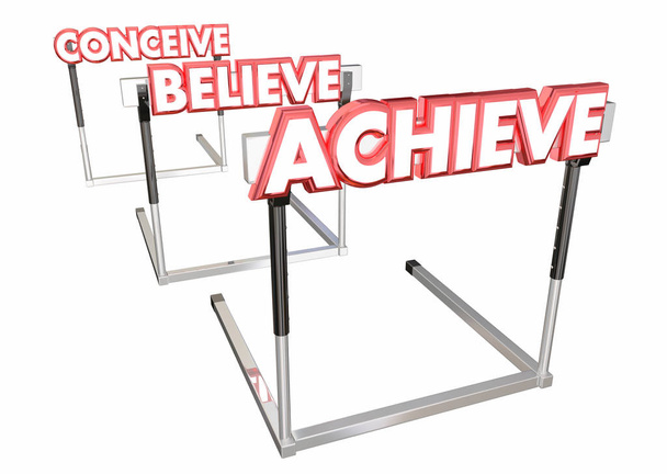 konzipieren, glauben, erreichen - Hürden überspringen mit Herausforderungen 3d Illustration. - Foto, Bild