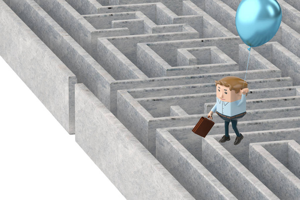Um homem de negócios pendurado nos balões voando sobre o maze.3D il
 - Foto, Imagem