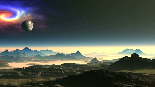 The Nebula and the Moon over Alien Planet. In the dark night sky beautiful nebula, moon and sun in a halo. Mountains and valleys illuminated by a bright sunny light. Horizon and lowlands are covered with thick luminous mist. - Footage, Video