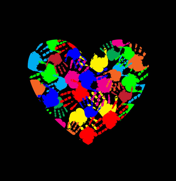 Εικονίδιο καρδιάς ουράνιο τόξο φτιαγμένο από πολύχρωμα χέρι εκτυπώσεις - Διάνυσμα, εικόνα