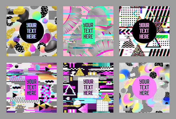 Glitch Futuristic Posters, Covers Set. Hipster Design Compositions for Brochures, Flyers, Placards, Banners. Trendy Templates. Vector illustration - Vector, Image