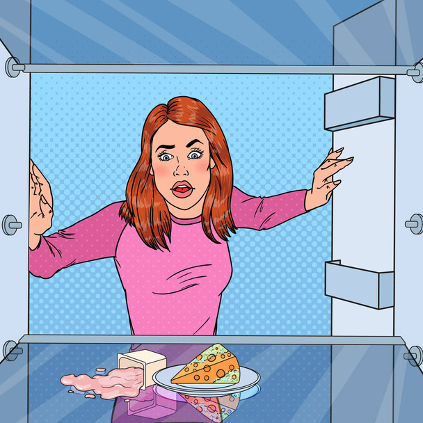 ポップアート不幸な空腹女性空の冷蔵庫の中を見ています。ベクトル図 - ベクター画像
