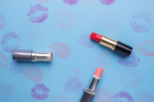 Flat lay fashion with lipsticks, - Zdjęcie, obraz