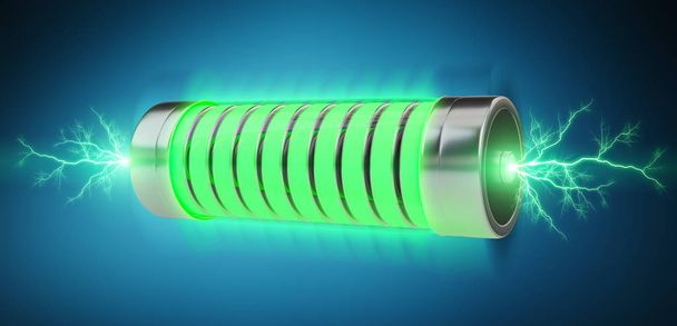 Green battery with lightnings 3D rendering - Fotografie, Obrázek