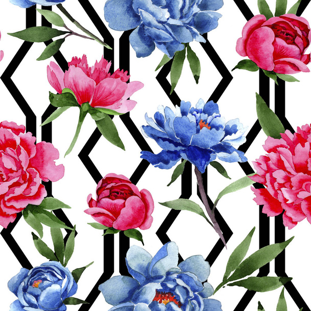 Wildflower red and blue peonies flowers pattern in a watercolor style. - Zdjęcie, obraz