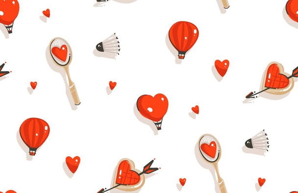 Hand drawn vector abstract modern cartoon Happy Valentines day concept illustrations seamless pattern with badminton racket,cookies,hot air balloons and many hearts isolated on white background - Vector, Image