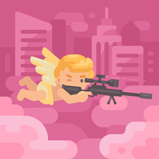 Aranyos Ámor feküdt egy lövés egy mesterlövész puska, felhőkarcolók, a háttérben a felhő. Valentin-nap banner lapos illusztráció - Vektor, kép