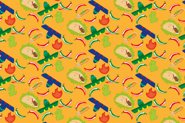 Hintergrund mit Sombreros, Chili und mexikanischem Essen  - Vektor, Bild