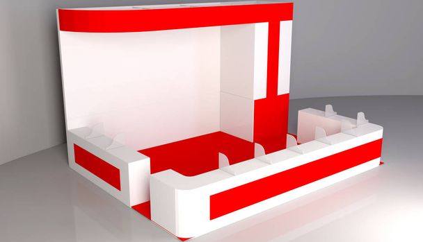 Выставочный красный стенд, 3D визуализация выставочного оборудования, рекламное пространство на белом фоне
 - Фото, изображение