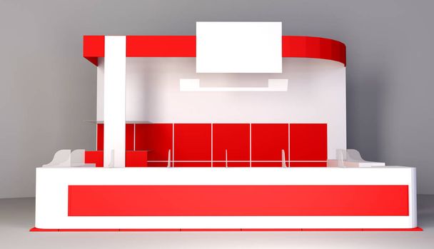 Exhibition red stand, 3D rendering visualization of exhibition equipment, Advertising space on a white background - Photo, Image