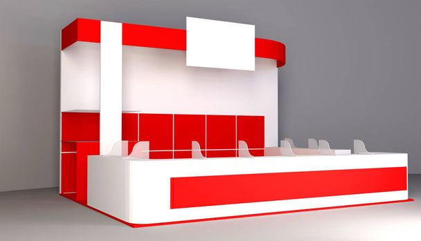 Exhibition red stand, 3D rendering visualization of exhibition equipment, Advertising space on a white background - Photo, Image