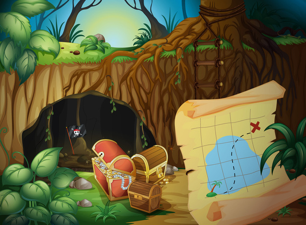 een grot, een schatborst en een plattegrond - Vector, afbeelding