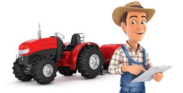 3d farmer with notepad in front of tractor - Photo, Image