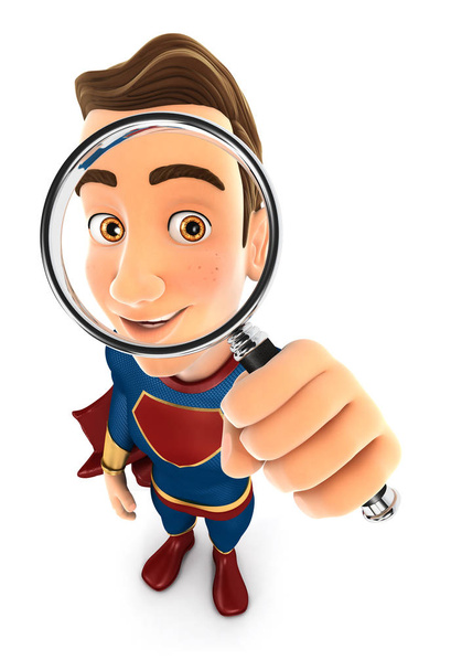 3d superhero looking into a magnifying glass - Photo, Image