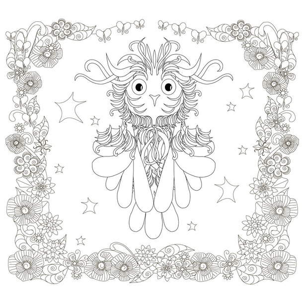 Monochrome doodle hand drawn owl, stars, floral frame. Anti stress stock vector illustration - Vector, Image