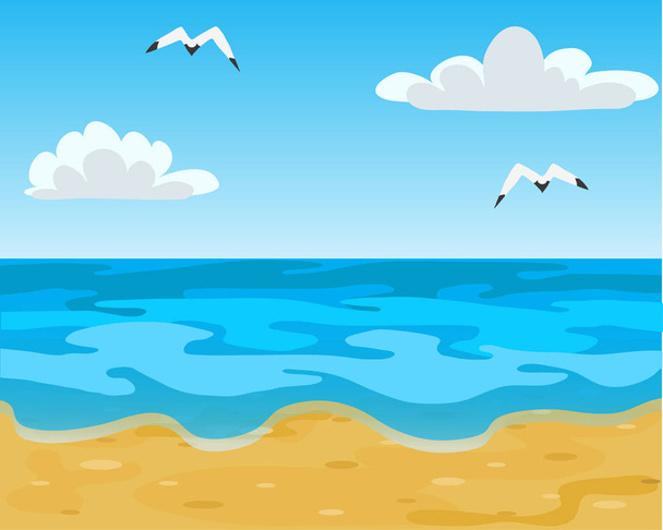 Beyaz bulutlar ile okyanus plaj, dalgalar ve mavi gökyüzü. Vektör Illust - Vektör, Görsel
