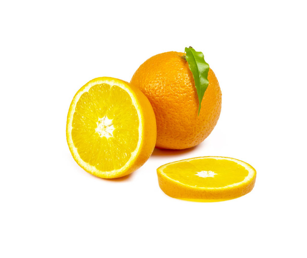 On a white background there is a whole orange, half an orange an - Zdjęcie, obraz