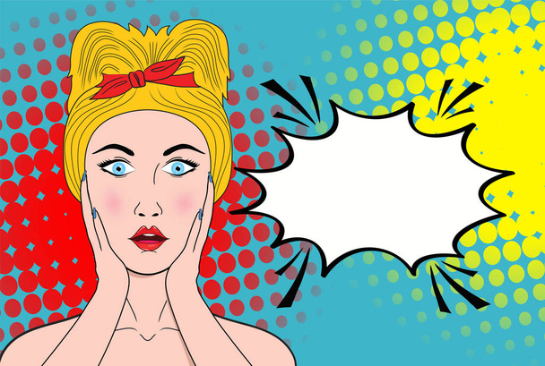 Wow pop art female face. Sexy surprised young woman with open mo - Vector, Image