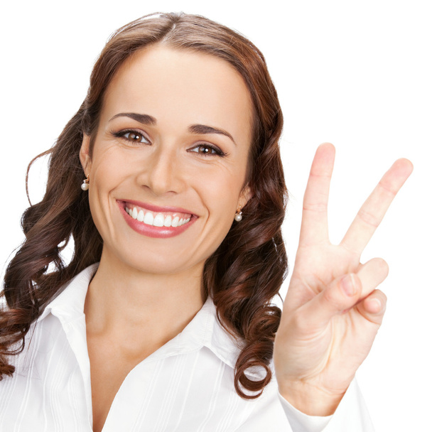 Woman showing two fingers, isolated - Foto, Imagen