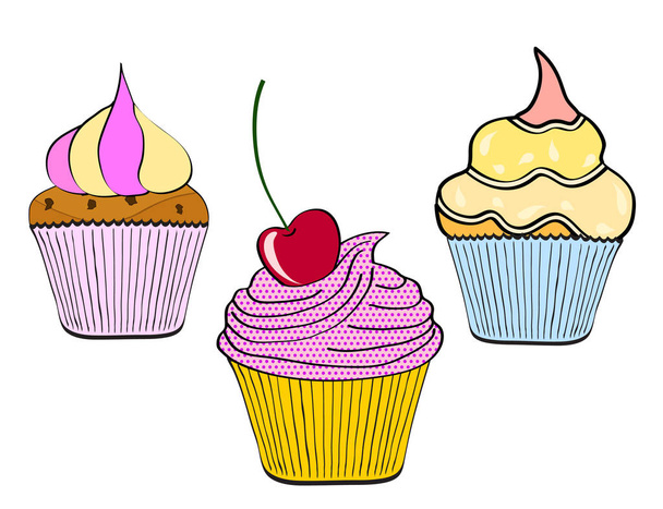 hand drawn cupcake on white background, pop art comic style vect - Vector, afbeelding