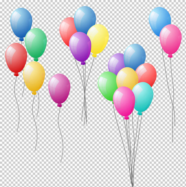 Bunches and groups of colorful helium balloons isolated on trans - Vector, Image