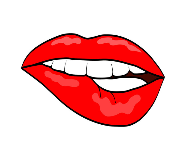 レトロな pop アート コミック スタイルのアイコンを白で隔離を噛んで赤い唇 - ベクター画像