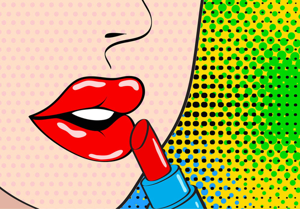 Pop art μακιγιάζ. Κοντινό πλάνο της σέξι θηλυκό ανοιχτό το στόμα και το κόκκινο lipsti - Διάνυσμα, εικόνα