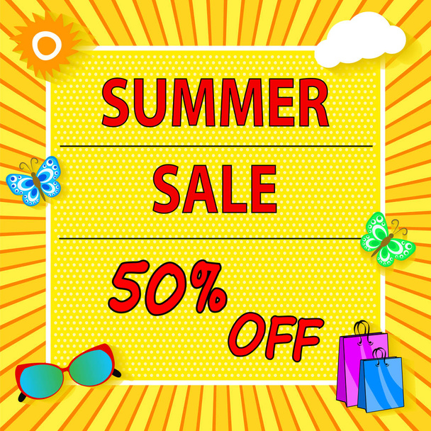 Banner de venda de verão com sol, ícones de saco de nuvem, design brilhante. Vec
 - Vetor, Imagem