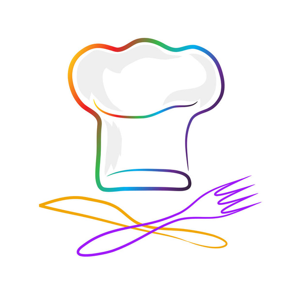 Chef hat silhouette, fork and knife isolated set. Colorful hat c - Vector, Image