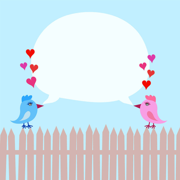 Pink and Blue Birds On Fence with Hearts and Speech Bubble ober  - Vector, Image