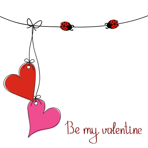 Soyez ma carte de voeux de Saint-Valentin pour la Saint-Valentin avec deux cœurs suspendus sur la corde et deux coccinelles, illustration vectorielle de stock
 - Vecteur, image