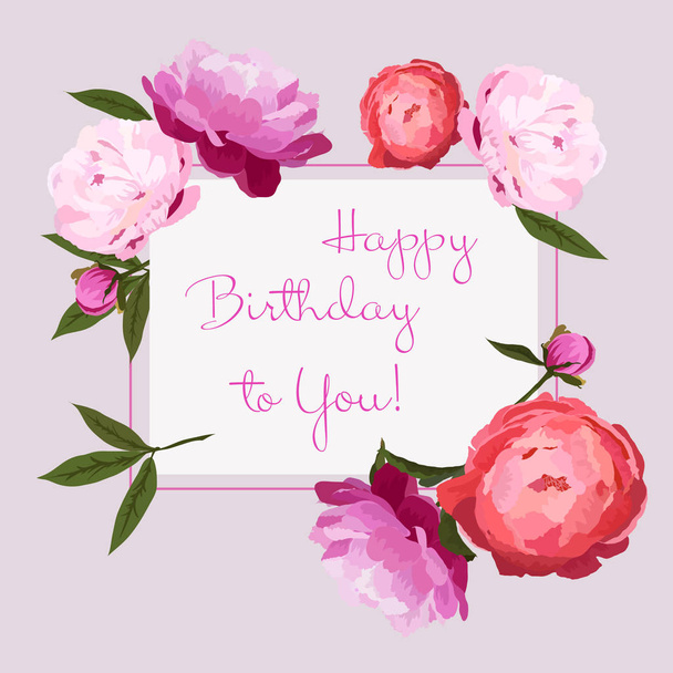 Ilustración vectorial de la tarjeta de cumpleaños con flores de peonías de colores sobre fondo pastel claro
 - Vector, Imagen