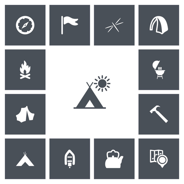 Készlet 13 szerkeszthető utazás ikonok. Cirkusz, teáskanna, tábor, és szimbólumokat tartalmaz. Lehet használni a web, mobil, Ui és infographic design. - Vektor, kép