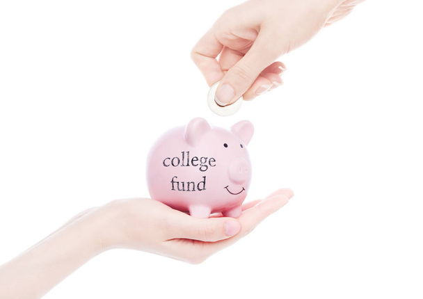 Female hand holds piggy bank college fund concept - Photo, Image