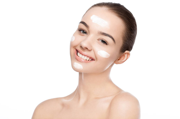 Beauty girl with face cream natural makeup - Foto, Imagen
